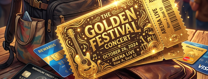 Golden VIP ticket for The Golden Festival Concert placed on leather bag with backpacks and credit cards on wooden table