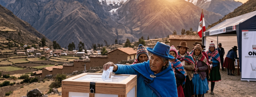 Andean woman in blue traditional clothes voting at a wooden ballot box outdoors with mountains and line of people behind
