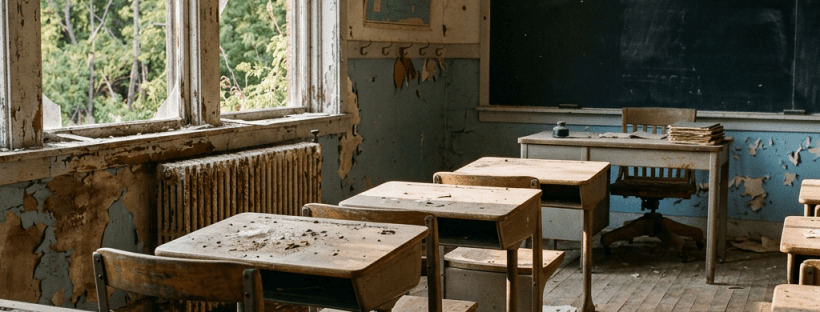 Empty deteriorating classroom with wooden desks, broken window, peeling walls, and scattered books on the floor
