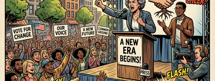 People at a political rally for the Common Ground Party with signs and speeches