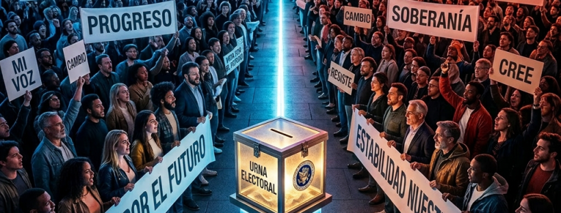 Two large crowds facing each other holding signs like Unity, Progress, Tradition, Sovereignty around glowing ballot box